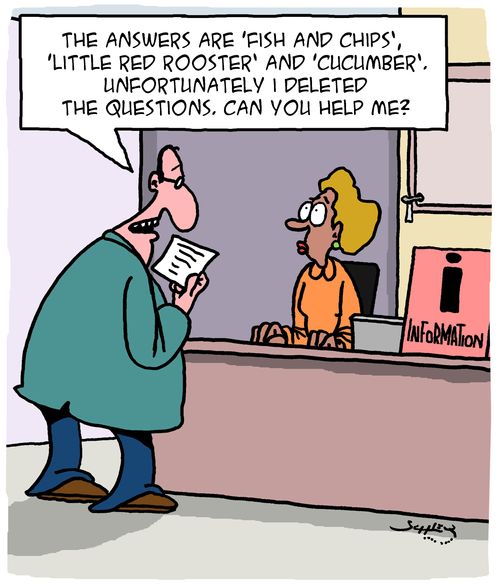 "The answers are 'fish and chips', 'little red rooster' and 'cucumber'. Unfortunately I deleted the questions. Can you help me?"