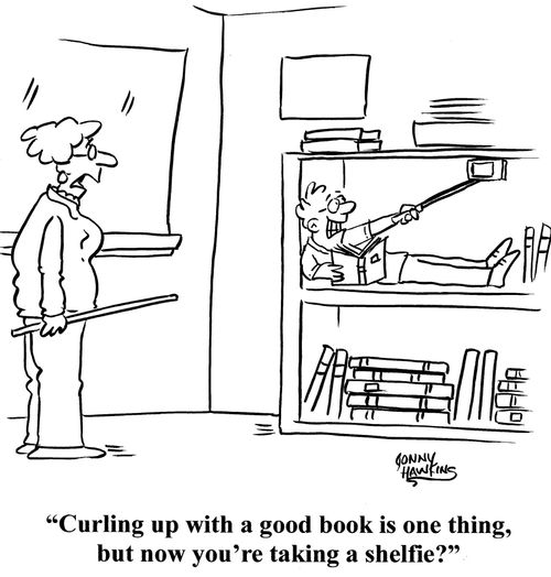 "Curling up with a good book is one thing, but now you're taking a shelfie?"