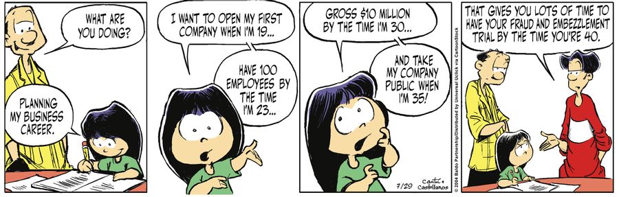 "I want to open my first company when I'm 10...have 100 employees by the time I'm 23...gross $10 million by the time I'm 30...and take my company public when I'm 35!"