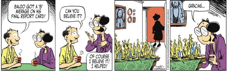 "Baldo got a 'B' average on his final report card! Can you believe it?"