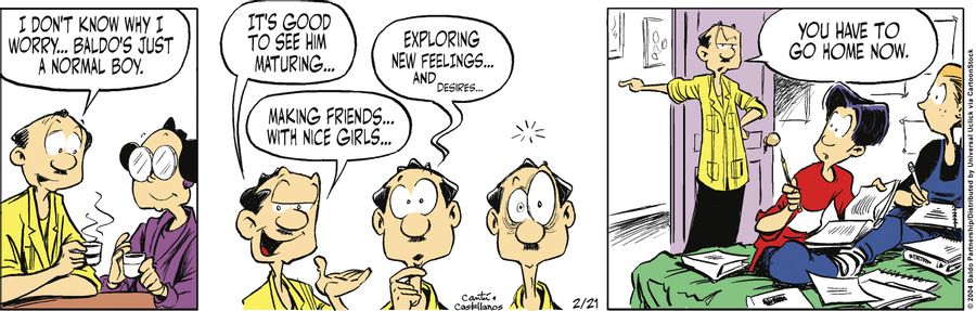"I don't know why I worry...Baldo's just a normal boy. It's good to see him maturing...making friends...with nice girls...exploring new feelings...and desires.... You have to go home now."