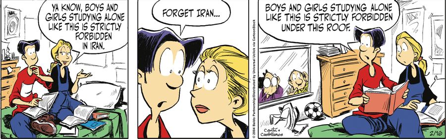 "Ya know, boys and girls studying alone like this is strictly forbidden in Iran."