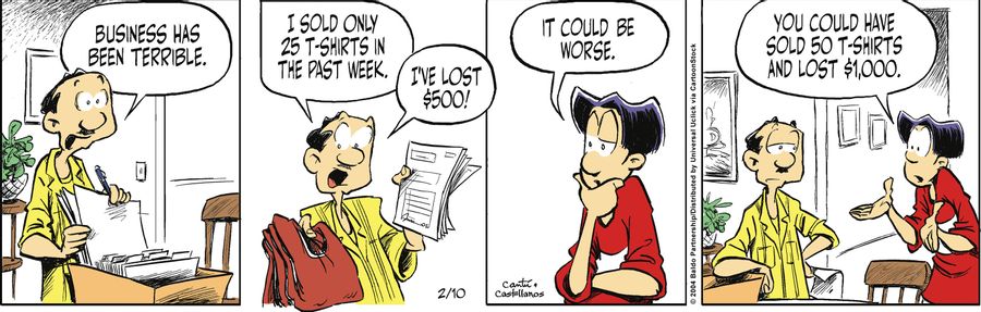 "Business has been terrible. I sold only 25 t-shirts in the past week. I've lost $500!"
