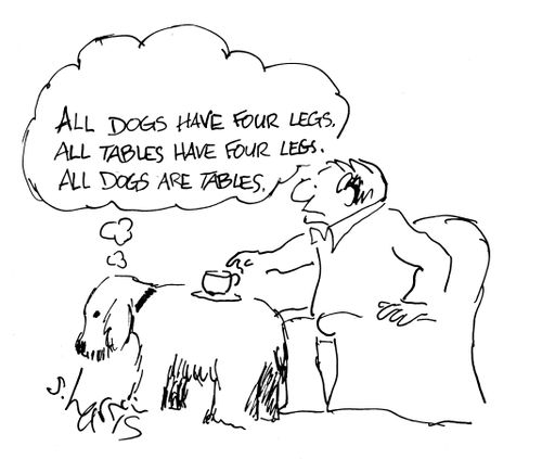 'All dogs have four legs.  All tables have four legs.  All dogs are tables."