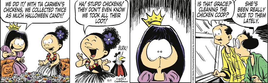 "We did it! With Tia Carmen's chicken, we collected twice as much Halloween candy!"