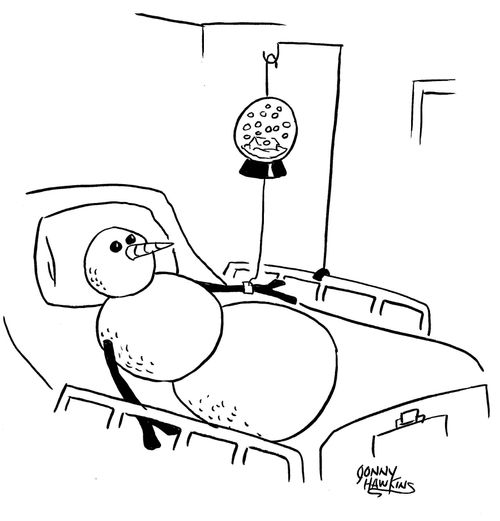 Snowman in hospital bed with snow globe I.V.
