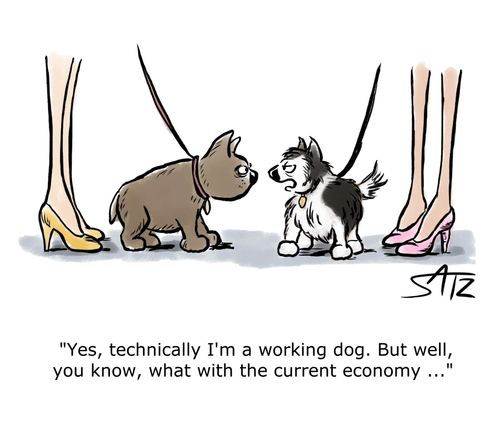"Yes, technically I'm a working dog. But well, you know, what with the current economy..."