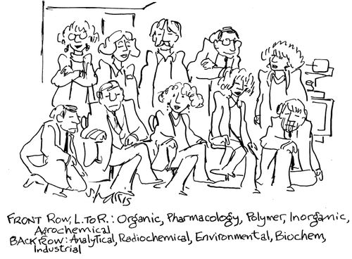 Front row, L. to R.: Organic, pharmacology, polymer, inorganic agrochemical.  Back row: Analytical, radiochemical, environmental, biochem, industrial.'
