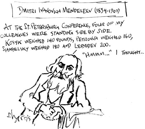 Dmitri Ivanovich Mendeleev: "At the...conference, four of my colleagues were standing side by side.  Kiosk weighed 140 pounds..."