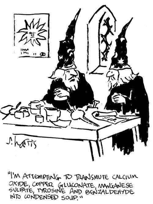 "I'm attempting to transmute calcium oxide, copper gluconate, manganese sulfate, tyrosine and benzaldehyde into condensed soup."