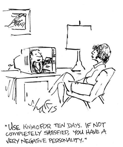 "Use Kivimo for ten days. If not completely satisfied,you have a very negative personality."