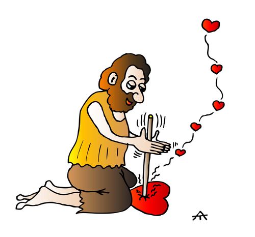 An ancient man starts the fire of love.