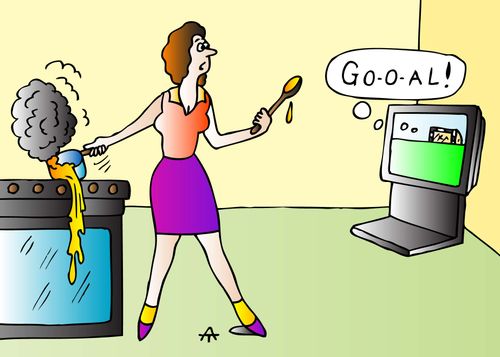 A football fan is distracted from cooking by a goal.