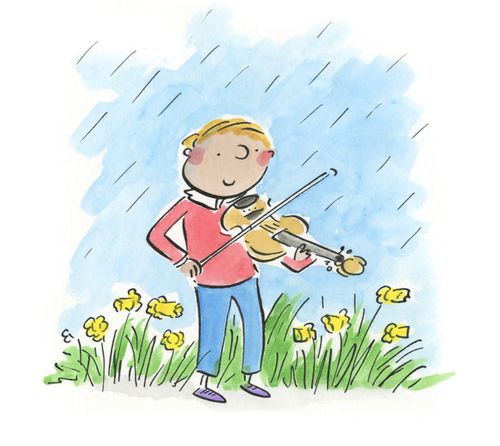 Violinist in the rain.