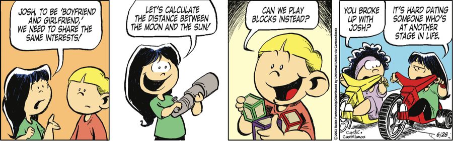 "Josh, to be 'boyfriend and girlfriend,' we need to share the same interests! Let's calculate the distance between the moon and the sun!"