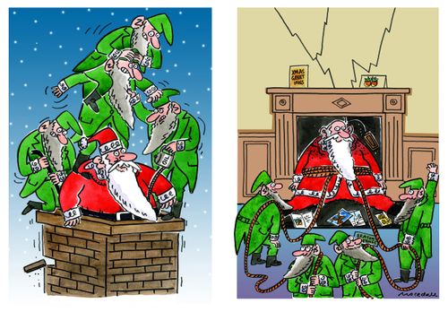 Santa Claus aided down chimney by Elves.