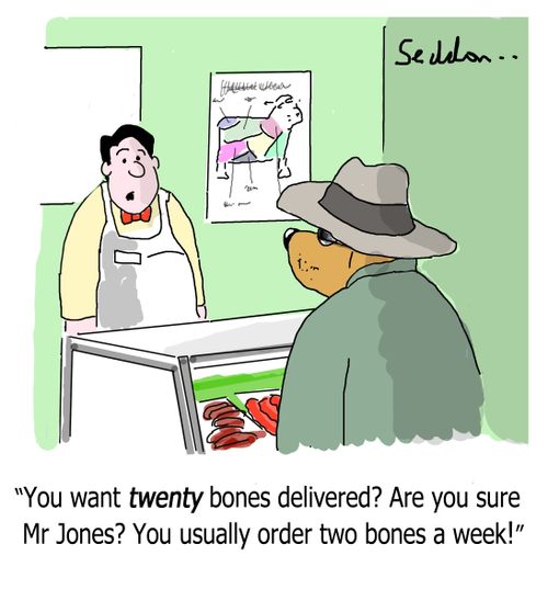 "You want twenty bones delivered? Are you sure Mr Jones? You usually order two bones a week."