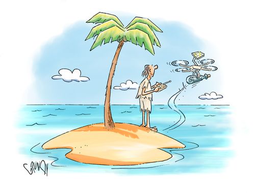 Castaway on desert isle sends 'message in a bottle' via drone.