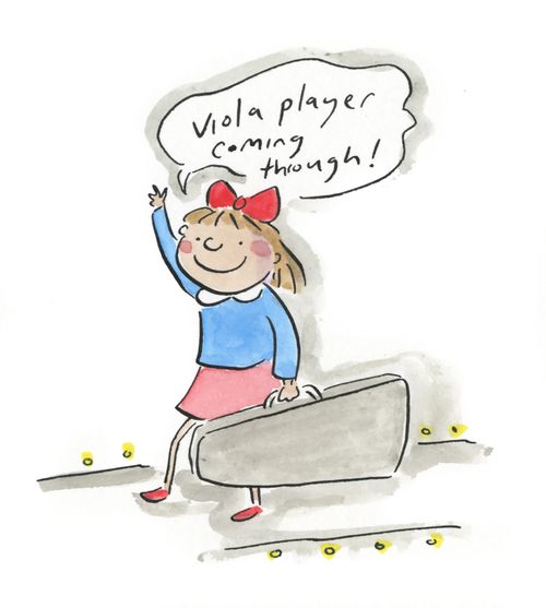 "Viola player coming through!"