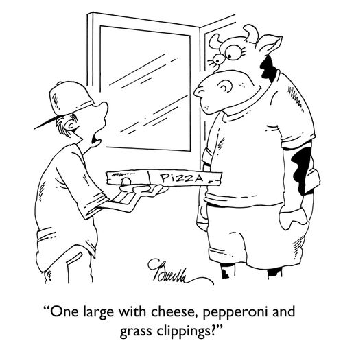 "One large with cheese, pepperoni and grass clippings."