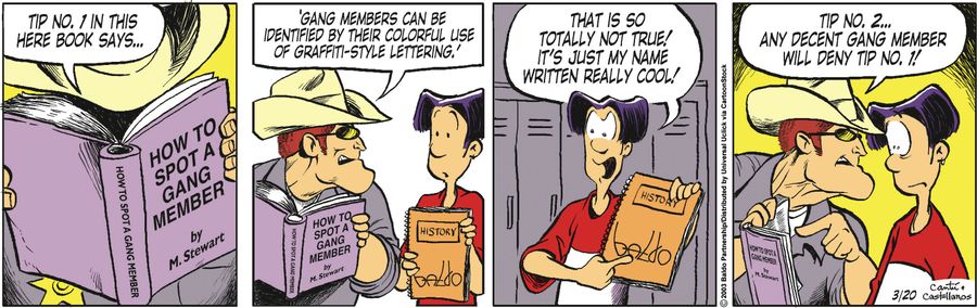"Tip No. 1 in this here book says...'Gang members can be identified by their colorful use of graffiti-style lettering.'"