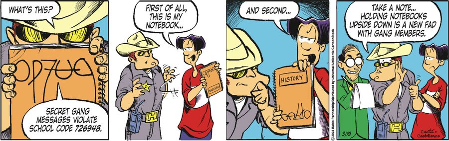 "Take a note...holding notebooks upside down is a new fad with gang members."