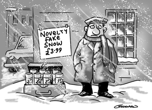 Novelty fake snow seller in real snowstorm