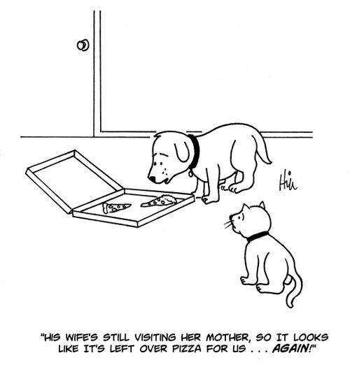"His wife's still visiting her mother, so it looks like it's left over pizza for us...again!"