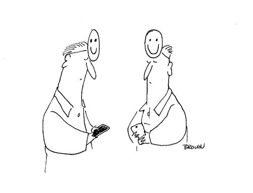 Two people texting with their heads down and smiley face mask on top of their heads
