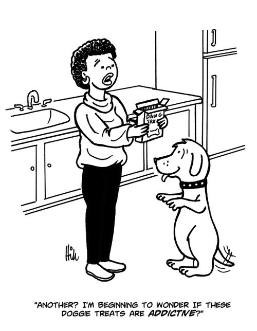 "Another? I'm beginning to wonder if these doggie treats are addictive?"
