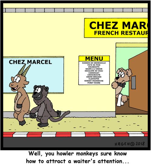 "Well, you howler monkeys sure know how to attract a waiter's attention..."