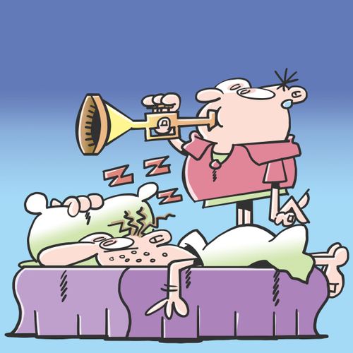 Sleeping man is being awakened by a wife playing on the trumpet