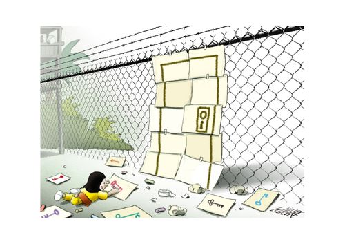 An asylum seeker draws a door on a fence that keeps her in.