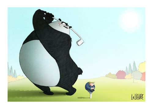 A Chinese panda hits Trump like a golf ball.