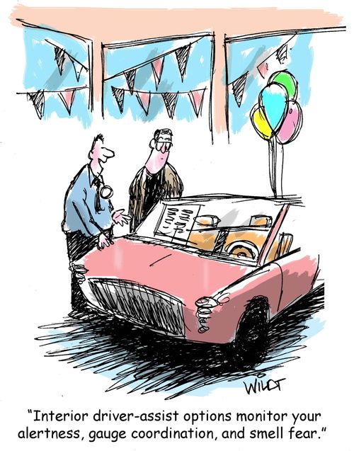 "Interior driver-assist options monitor your alertness, gauge coordination, and smell fear."