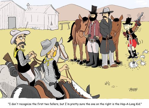 "I don't recognize the first two fellers, but I'm pretty sure the one on the right is the Hop-A-Long Kid."