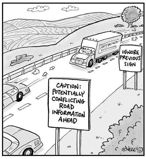 Caution: Potentially Conflicting Road Information Ahead.