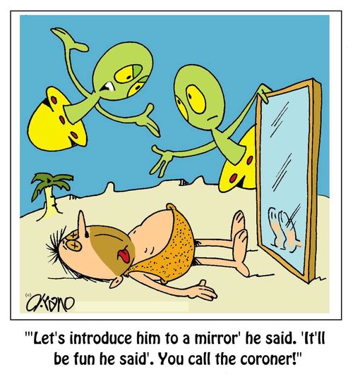 "'Let's introduce him to a mirror' he said. 'It'll be fun he said'. You call the coroner!"