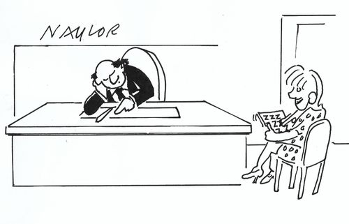 Secretary making notes of snoring boss.