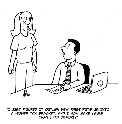 "I just figured it out. . . my new raise puts us into a higher tax bracket, and I now make less than I did before!"
