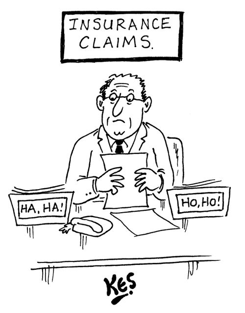 Man in insurance office has two work boxes; "HA, HA!" and "HO, HO!"