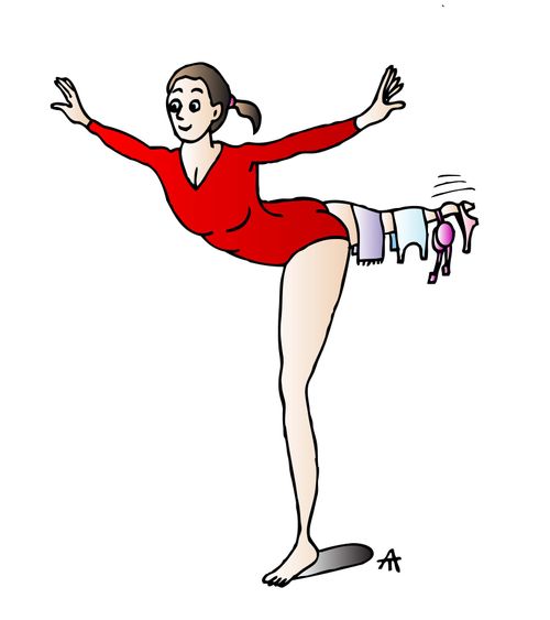 A gymnast balances her laundry on her leg.
