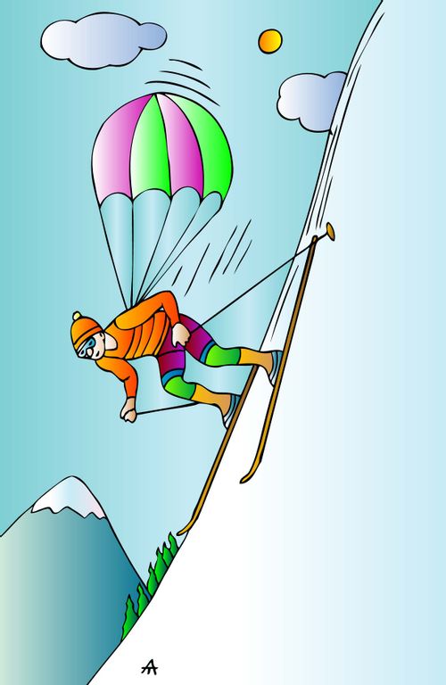 A skier keeps a parachute for a steep slope.