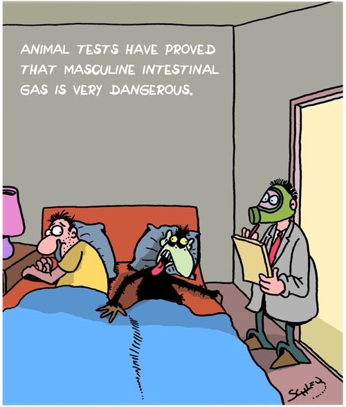 Animal tests have proved that masculine intestinal gas is very dangerous.
