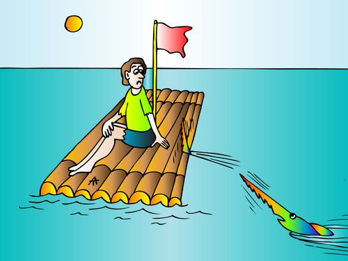 A swordfish saws through a raft.