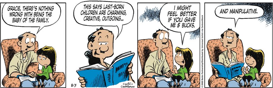 "Gracie, there's nothing wrong with being the baby of the family. This says last-born children are charming, creative, outgoing...and manipulative."