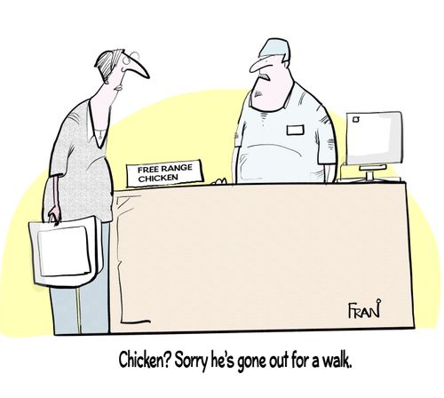 "Chicken? Sorry he's gone for a walk."
