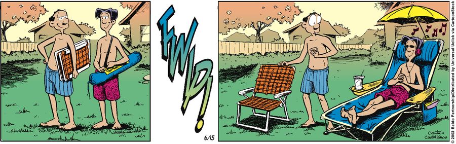 Baldo unrolls a chaise lounge.