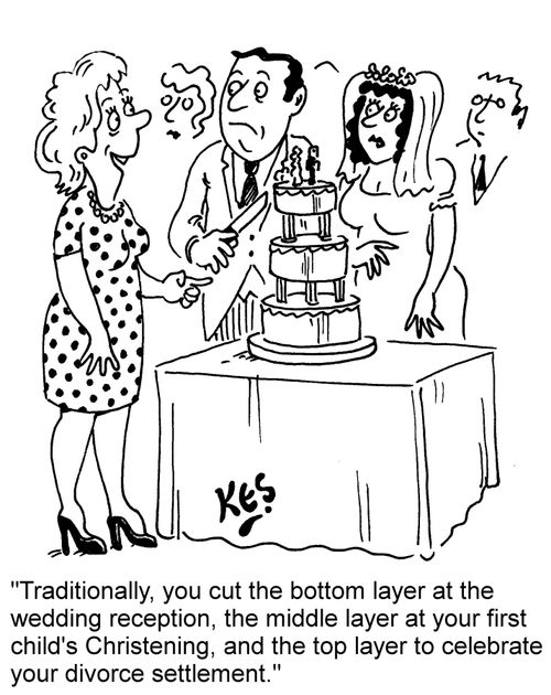 "Traditionally, you cut the bottom layer at the wedding reception, the middle layer at your first child's Christening, and the top layer to celebrate your divorce settlement."