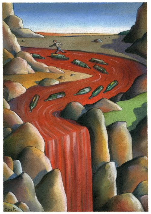 A man tries to avoid going over the waterfall of alcohol dependence.
